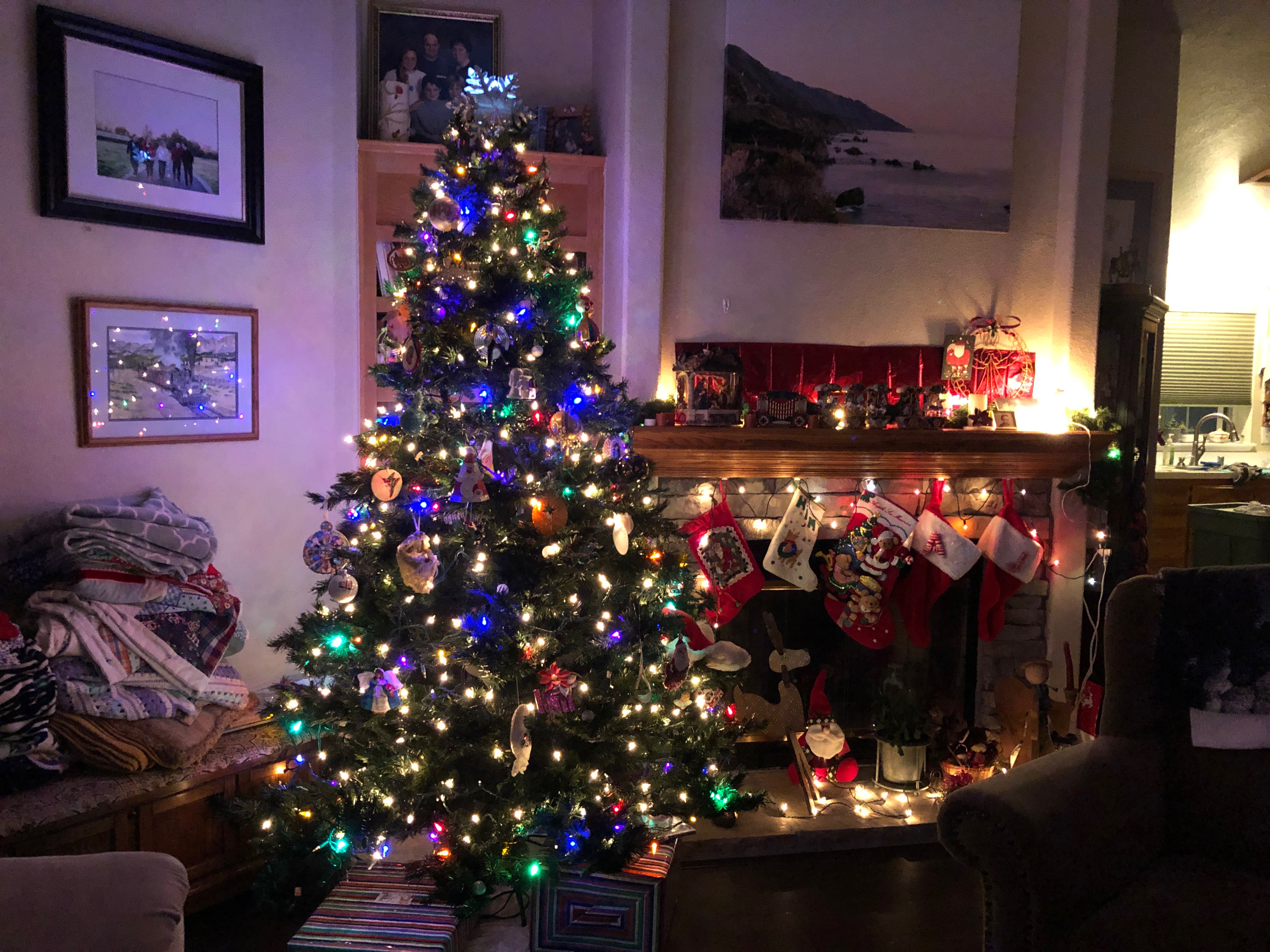 wide view of Christmas tree lit up with ornaments and a fireplace with stockings and decorations