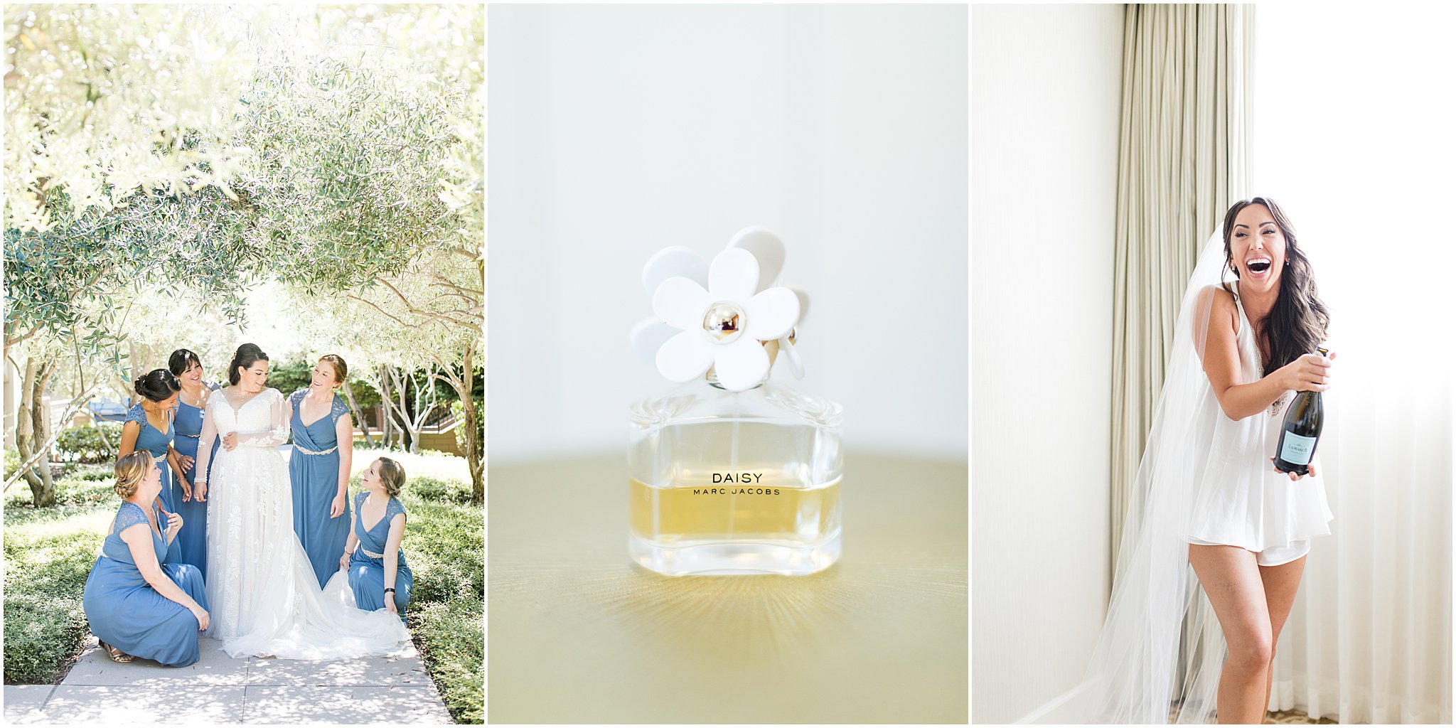 Series of 3 images - left photo of bride surrounded by bridesmaids in a cinderella moment - middle photo of daisy marc jacobs perfume - right photo of bride in getting ready outfit popping champagne