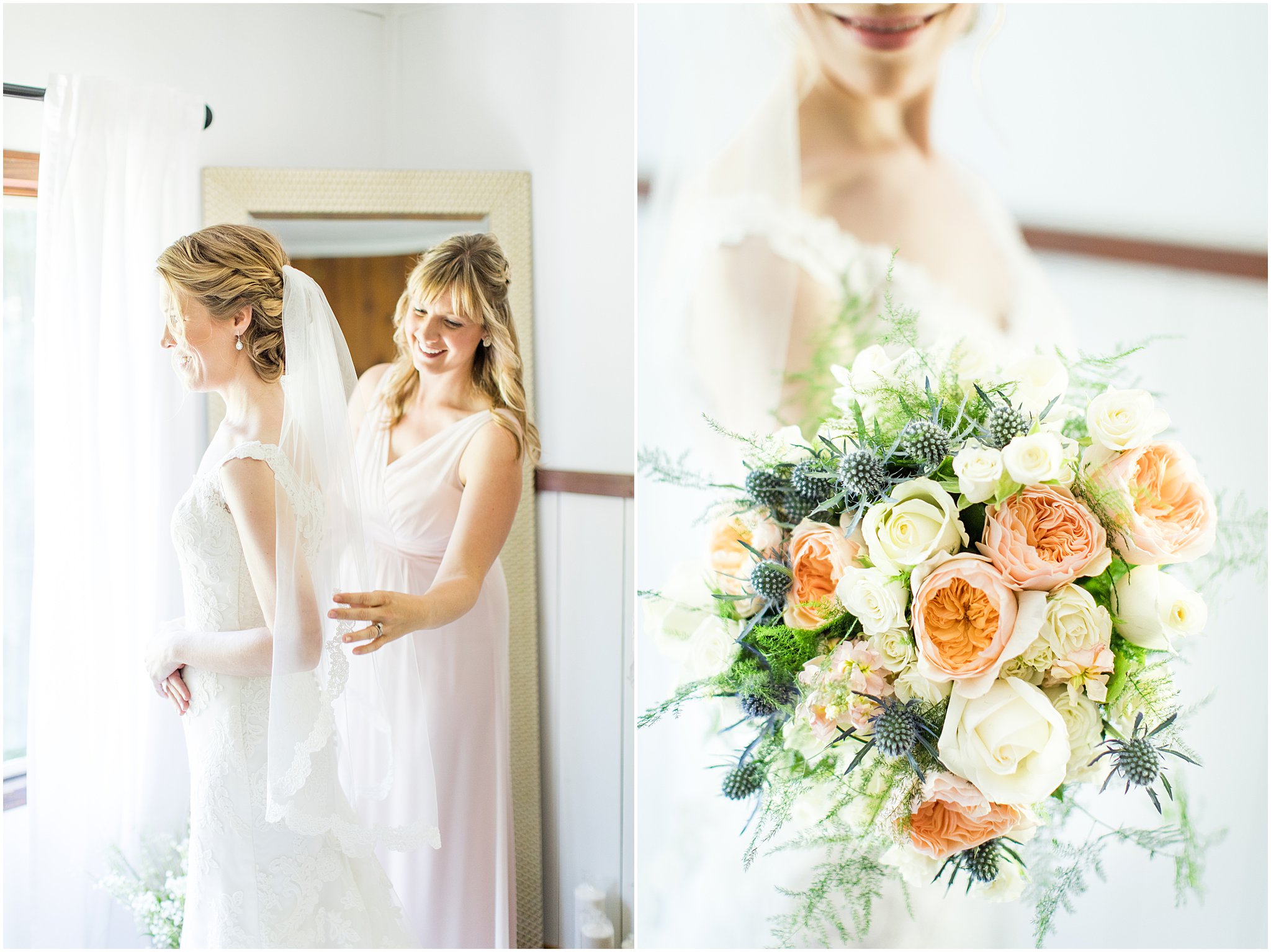 left photo - bridesmaid helping bride get into dress in beautiful room; right photo - close up of bride holding bridal bouquet