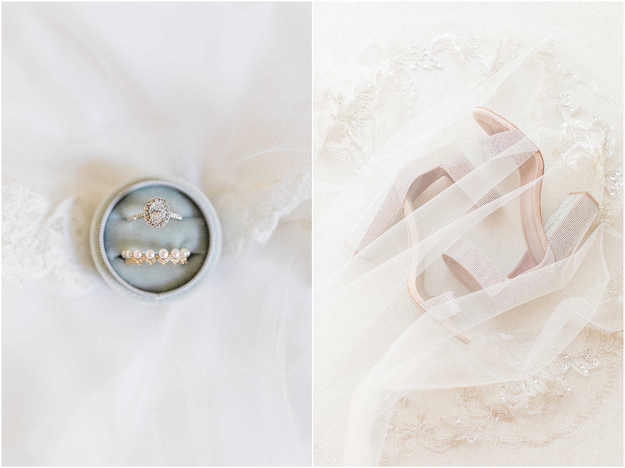 two photos - left of engagement and wedding ring in blue velvet box underneath veil - right bridal heels with veil