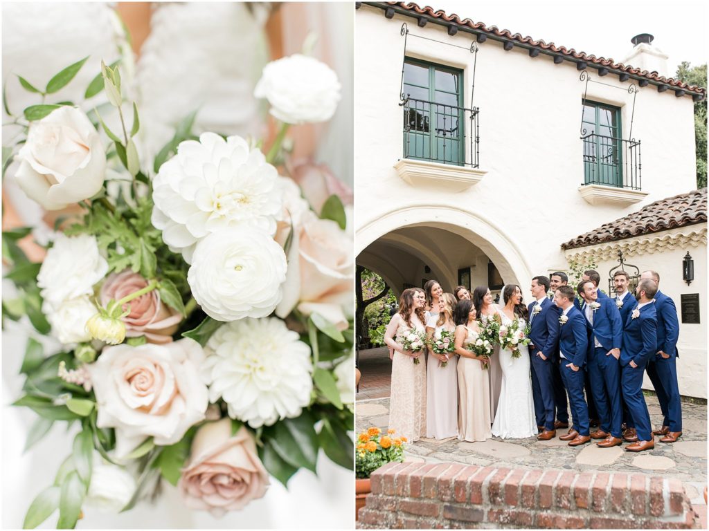 Two photos side by side. Left photo: close up of bride holding beautiful bridal bouquet with white and blush flowers. Right photo: large bridal party at Tuscan villa style wedding venue.