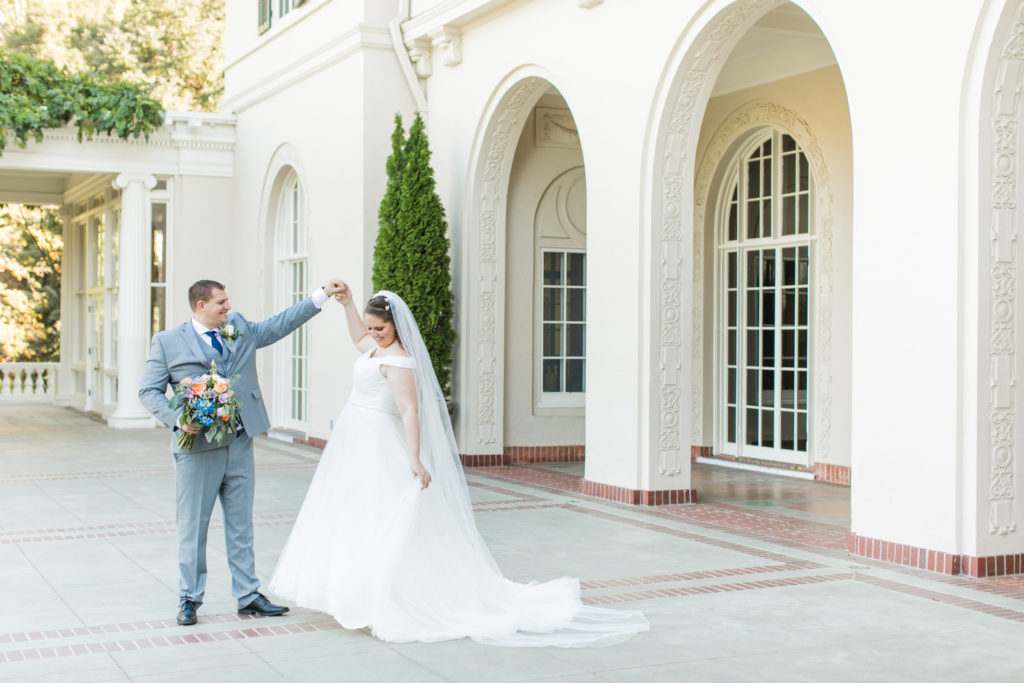 Bride and groom dancing at Villa Montalvo elopement