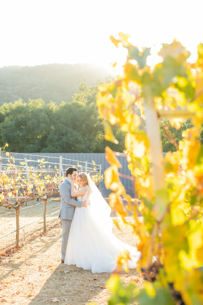 bride and groom embracing in vineyard at golden hour - Sycamore Creek Vineyards - Angela Sue Photography