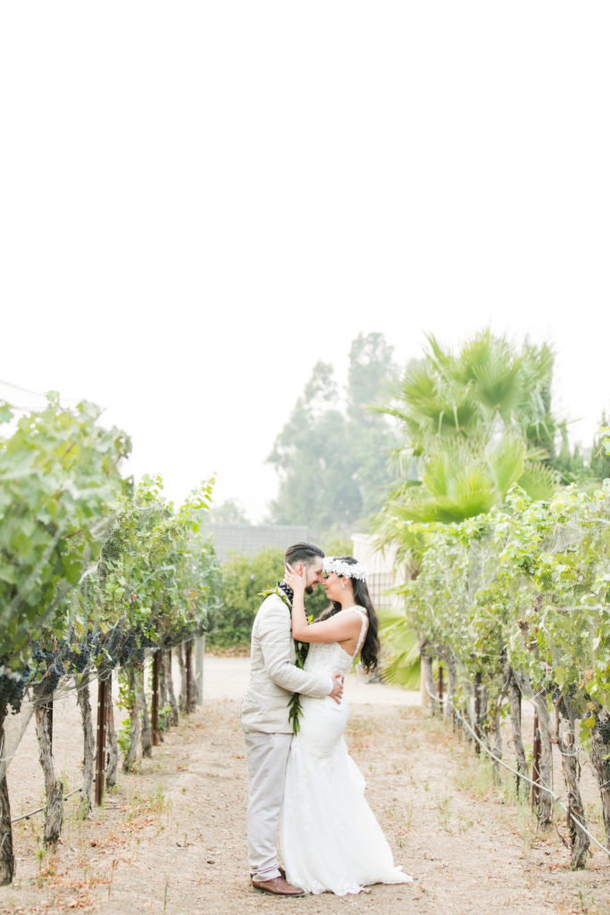 bride and groom facing each other in vineyard - Villa Riposo - Angela Sue Photography