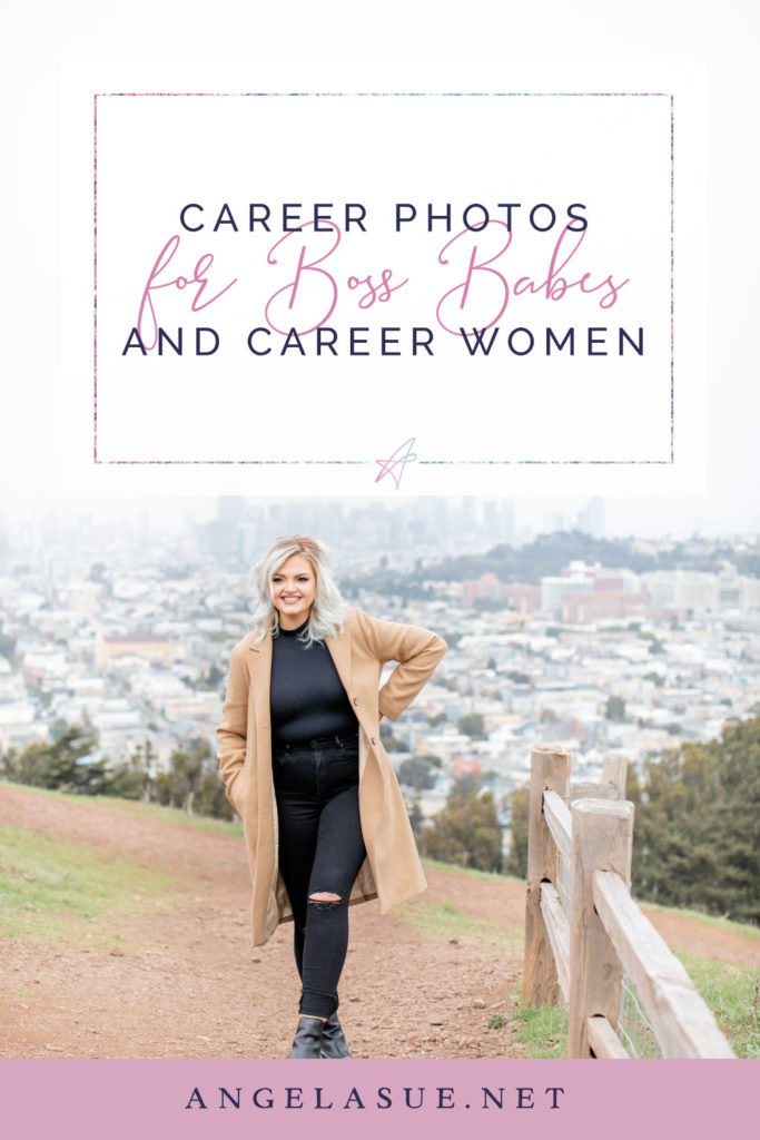 professional woman walking with San Francisco skyline behind her - Career Photographer - Angela Sue Photography